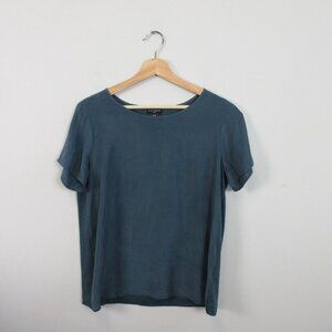 Club Monaco Silk Blouse Top Women Medium M Blue Short Sleeve Pullover Casual 102